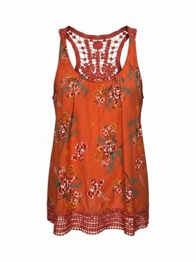 Q&A Crochet-Back Floral Tank Top in Rust Orange Women Boho Sz XL
